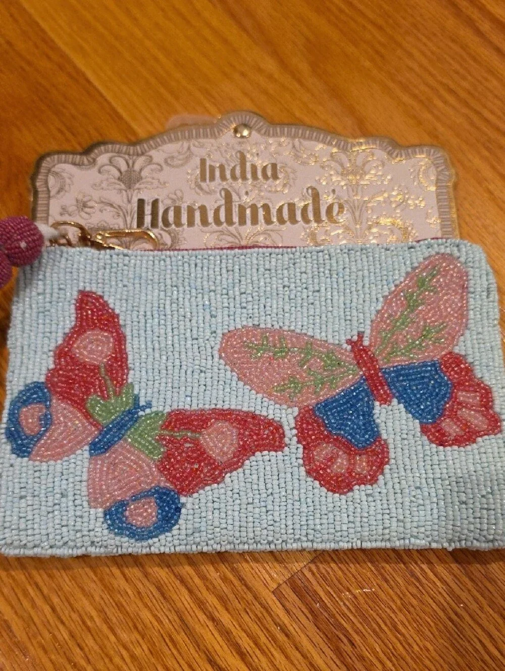 Handmade Beaded Butterfly Wristlet Clutch - Light Blue